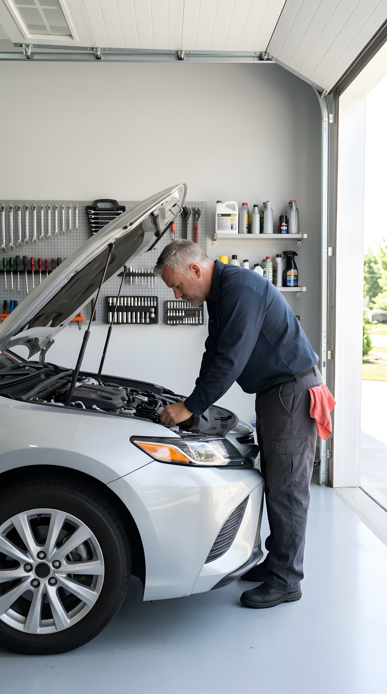 A mechanic working under the hood of a car