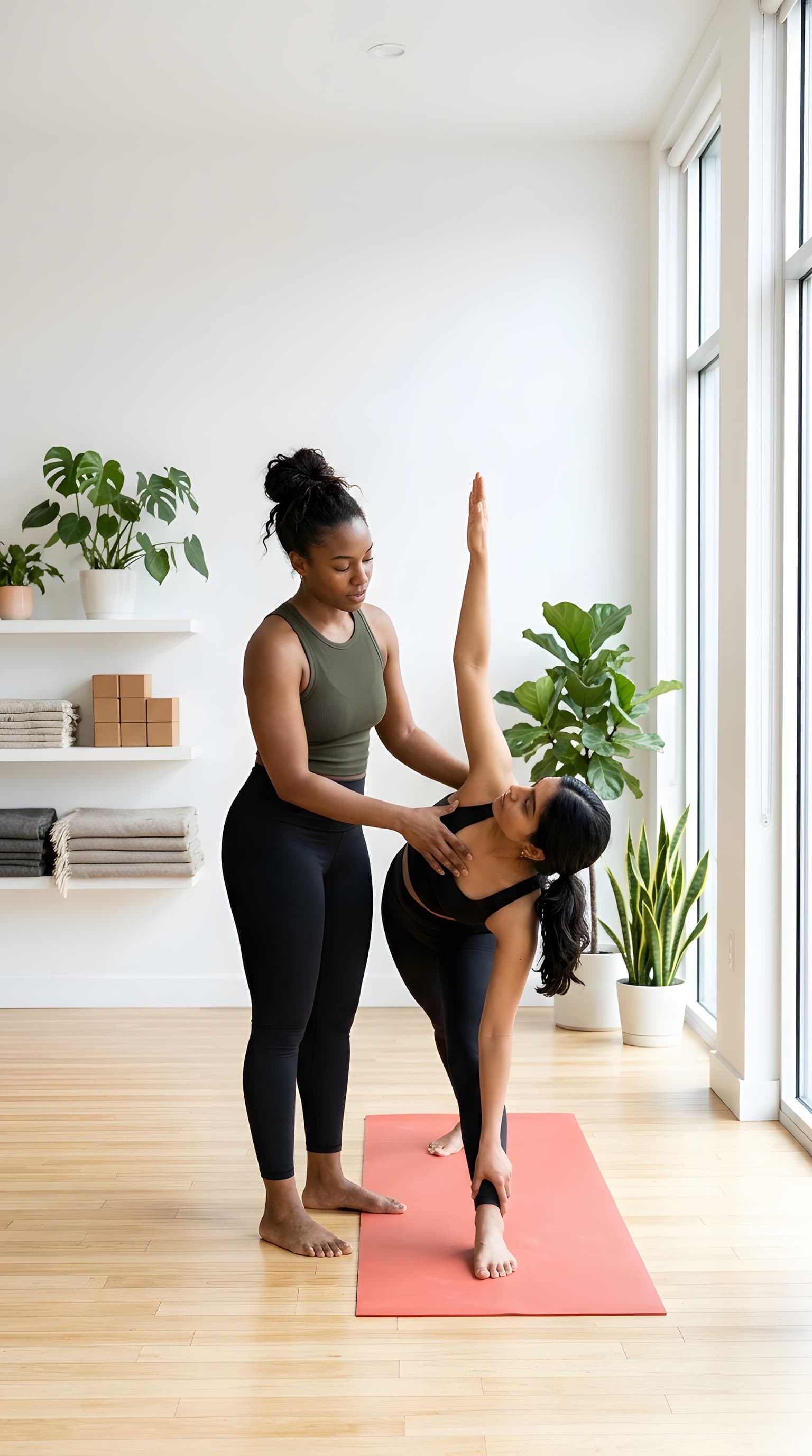 A yoga teacher adjusting a student’s pose