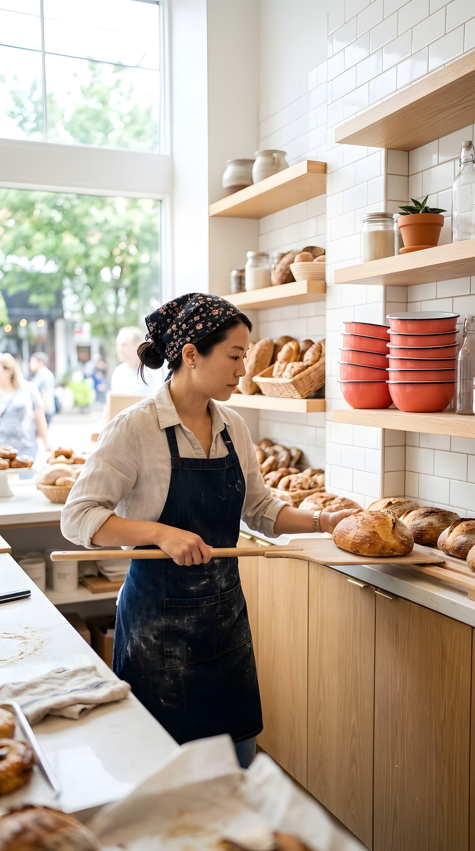 A baker sliding fresh loaves onto the bakery shelf