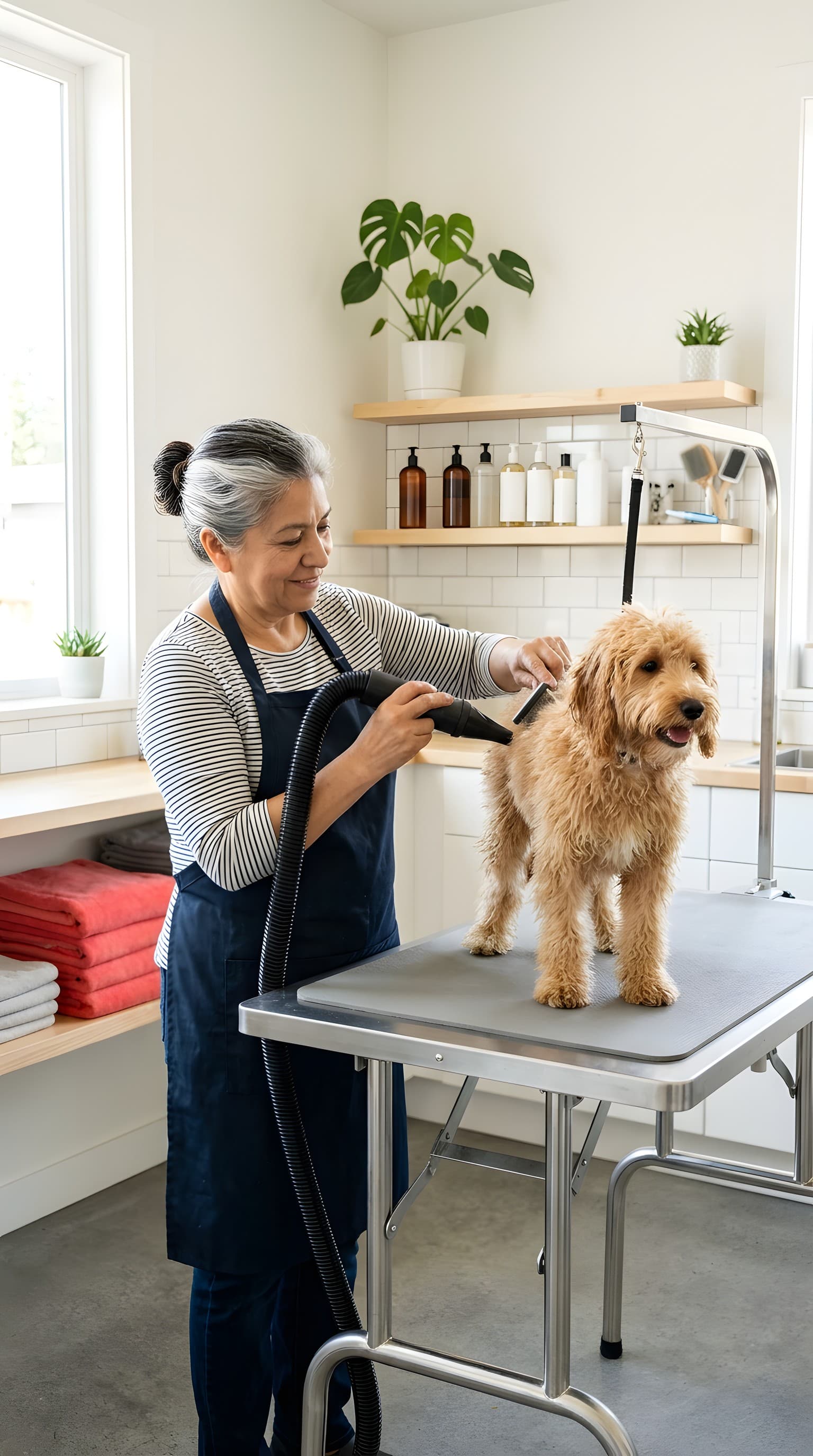 A groomer drying a fluffy dog on a grooming table
