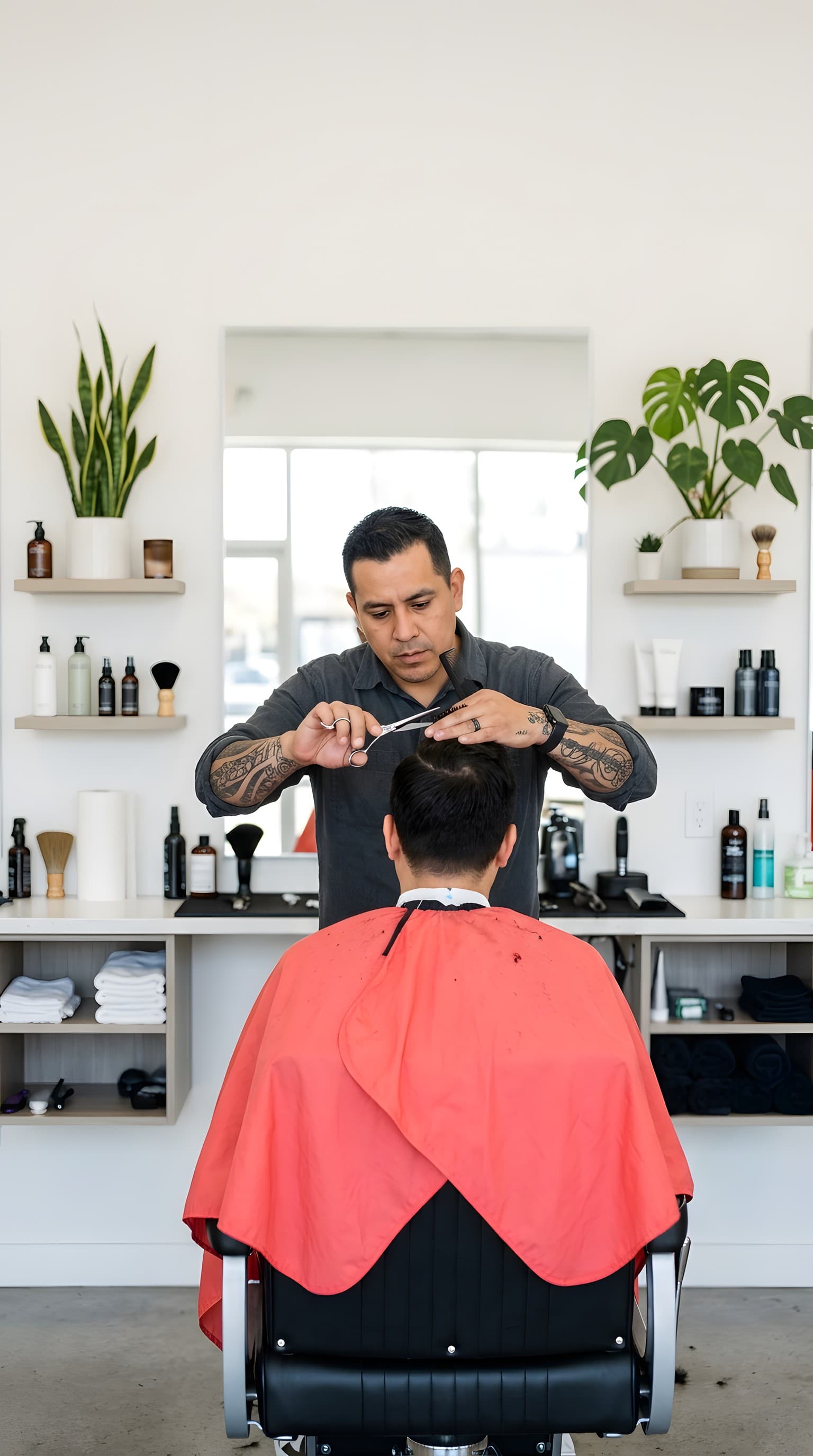 A barber finishing a client’s cut in a bright barbershop