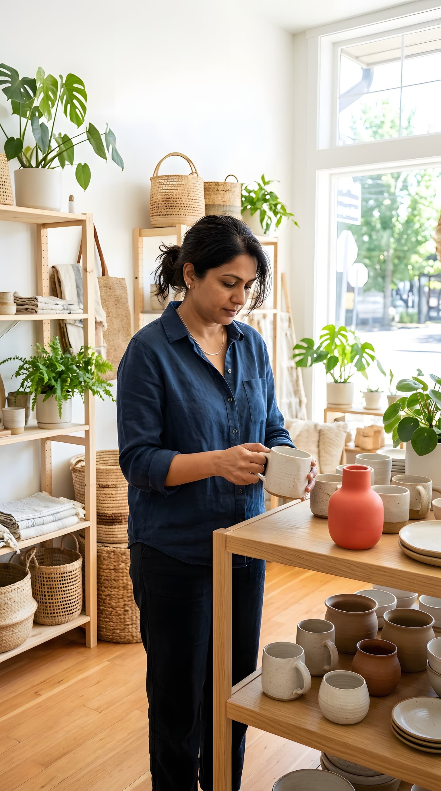 A shop owner arranging handmade ceramics on a shelf